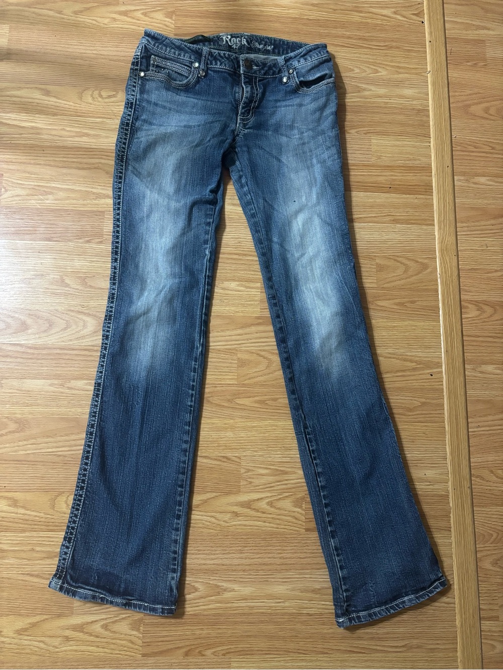 Rock 47 Women's Dark Blue Embroidered Back-Pocket Flare Jeans 7/8-36L